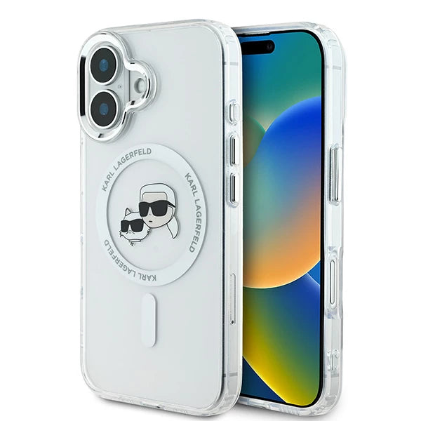 Funda MagSafe para Apple iPhone 16 Plus, Karl Lagerfeld, IML Metal Karl & Choupette's Heads, Blanca.