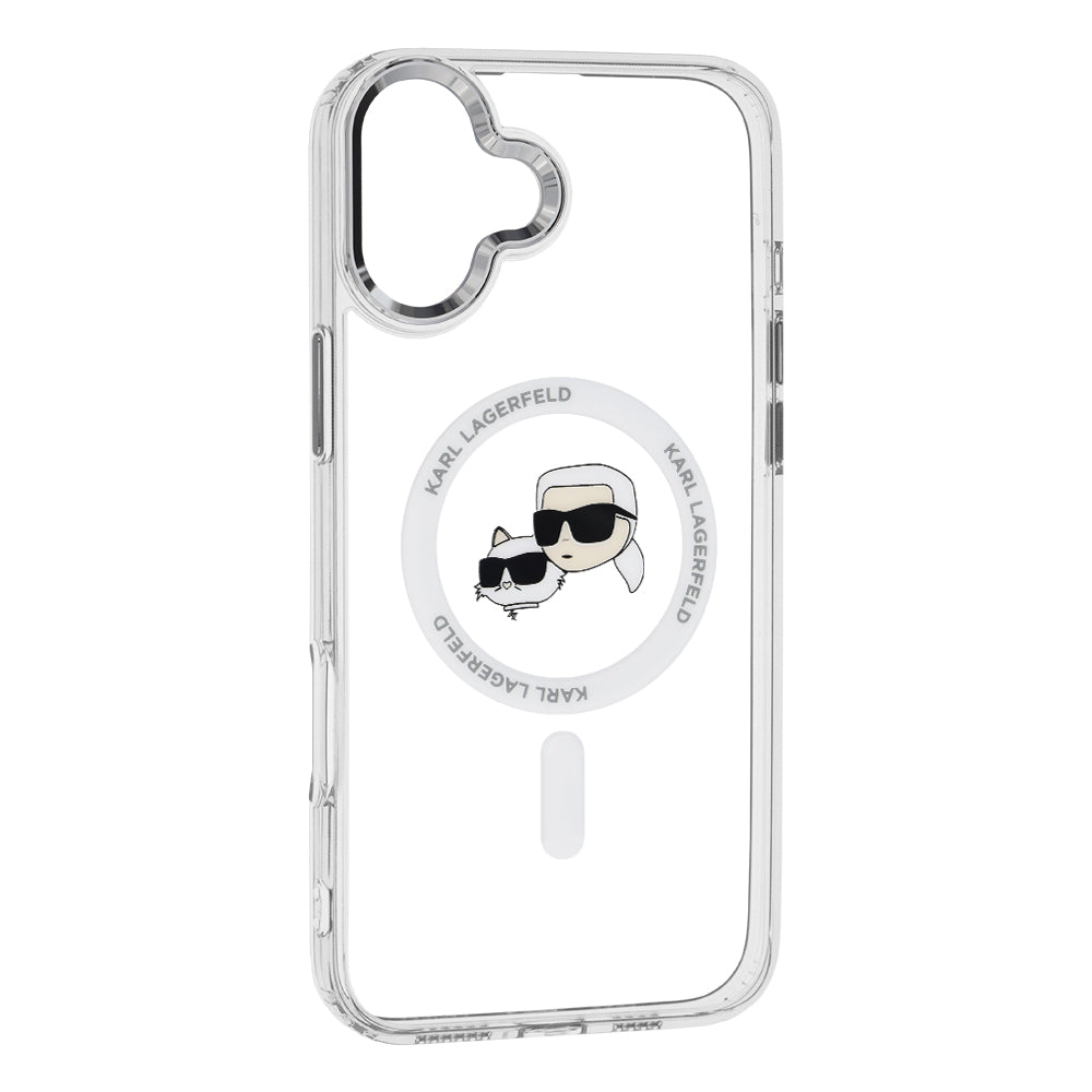 Funda MagSafe para Apple iPhone 16 Plus, Karl Lagerfeld, IML Metal Karl & Choupette's Heads, Blanca.