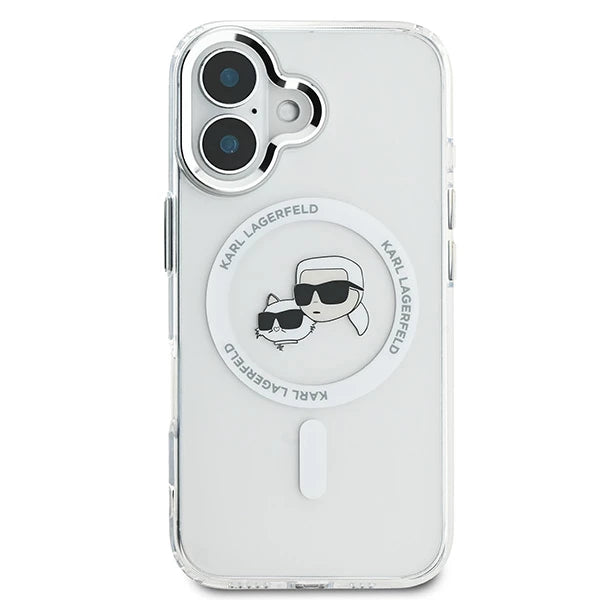 Funda MagSafe para Apple iPhone 16 Plus, Karl Lagerfeld, IML Metal Karl & Choupette's Heads, Blanca.