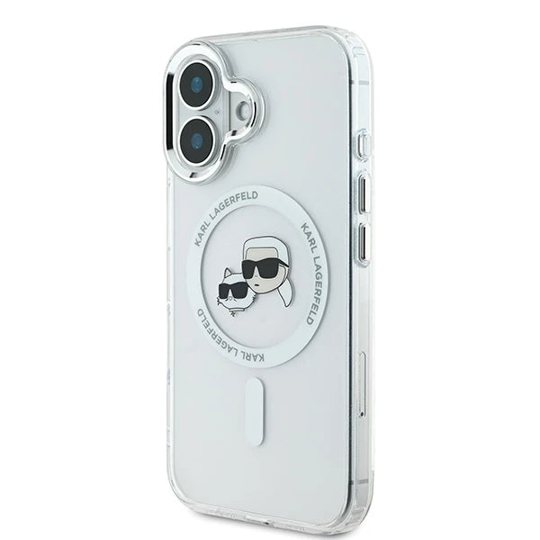 Funda MagSafe para Apple iPhone 16 Plus, Karl Lagerfeld, IML Metal Karl & Choupette's Heads, Blanca.
