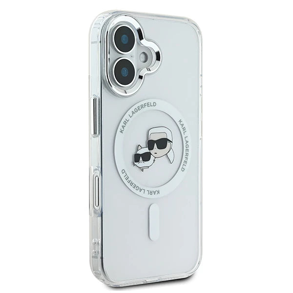 Funda MagSafe para Apple iPhone 16 Plus, Karl Lagerfeld, IML Metal Karl & Choupette's Heads, Blanca.