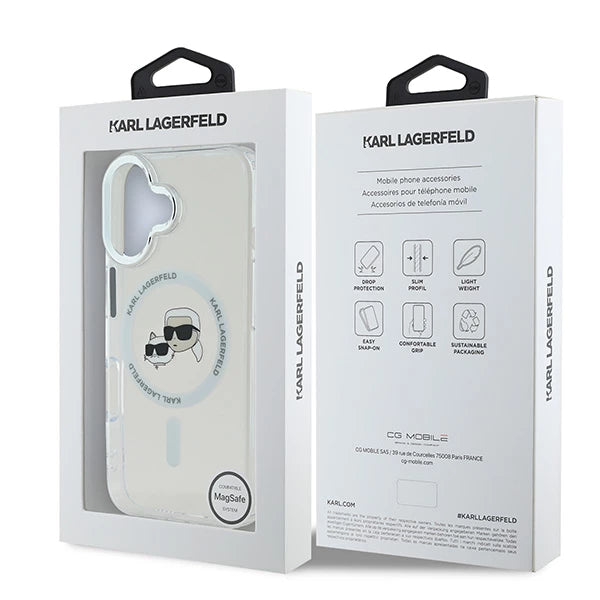 Funda MagSafe para Apple iPhone 16 Plus, Karl Lagerfeld, IML Metal Karl & Choupette's Heads, Blanca.