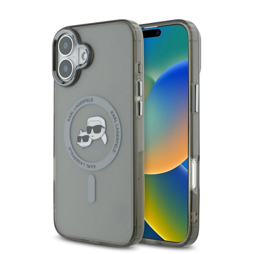 Funda MagSafe para Apple iPhone 16 Plus, Karl Lagerfeld, IML Metal Karl & Choupette's Heads, Negra