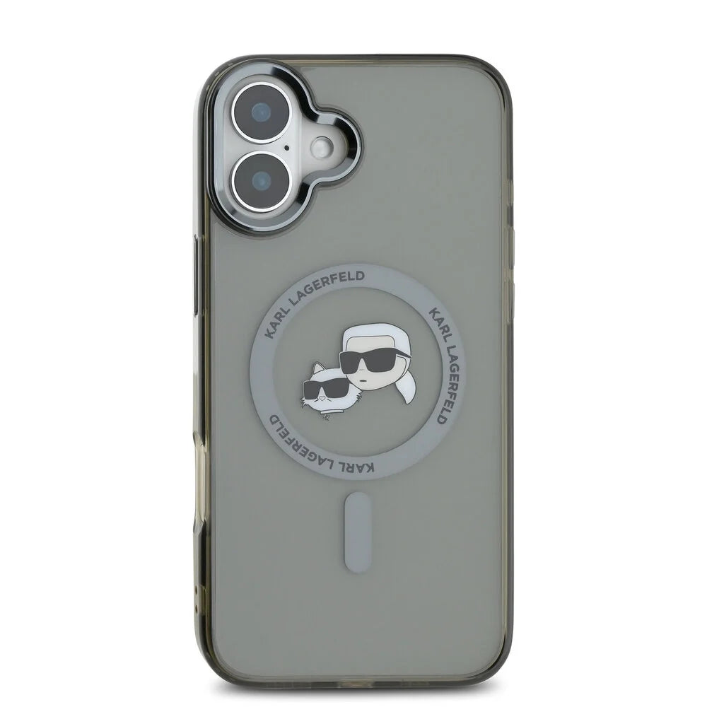 Funda MagSafe para Apple iPhone 16 Plus, Karl Lagerfeld, IML Metal Karl & Choupette's Heads, Negra