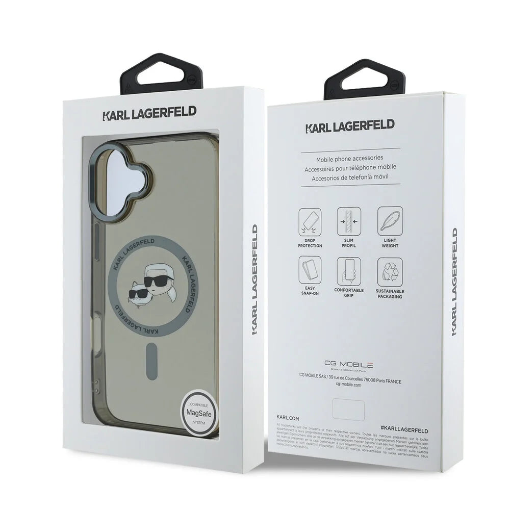Funda MagSafe para Apple iPhone 16 Plus, Karl Lagerfeld, IML Metal Karl & Choupette's Heads, Negra
