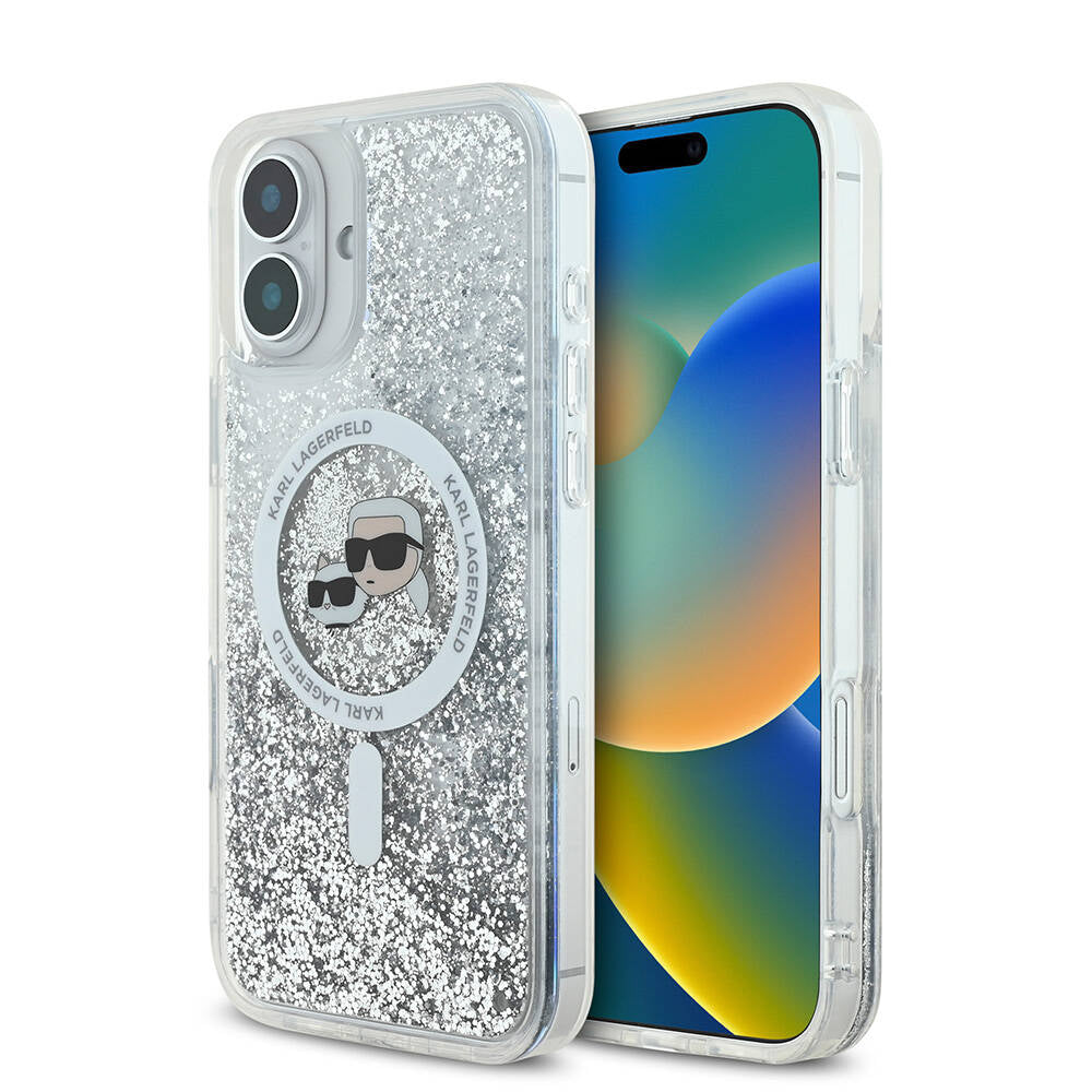 Funda MagSafe para Apple iPhone 16 Plus, Karl Lagerfeld, Liquid Glitter Karl & Choupette's Heads, Transparente