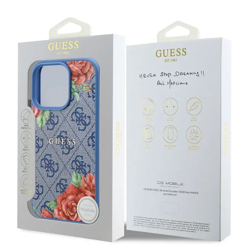 Funda MagSafe para Apple iPhone 16 Pro, Guess, 4G Flowers Print, Azul