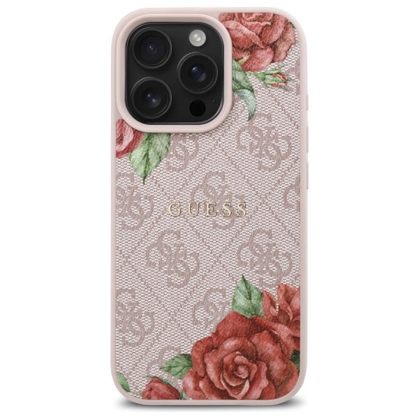 Funda MagSafe para Apple iPhone 16 Pro, Guess, Estampado de Flores 4G, Rosa