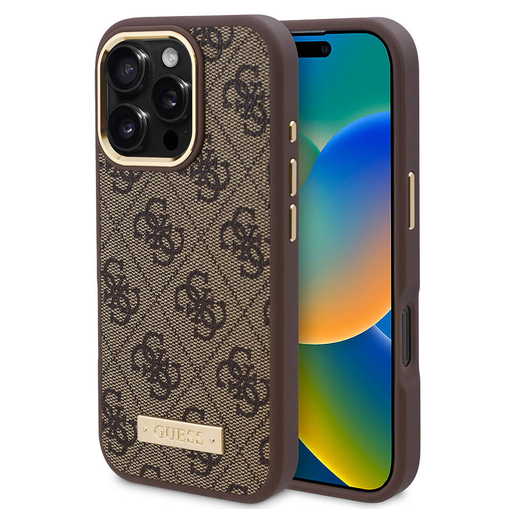 MagSafe Case for Apple iPhone 16 Pro, Guess, 4G Logo Plate, Brown