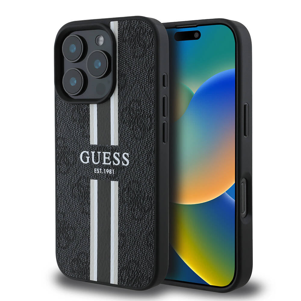 Funda MagSafe para Apple iPhone 16 Pro, Guess, 4G Printed Stripes, Negra