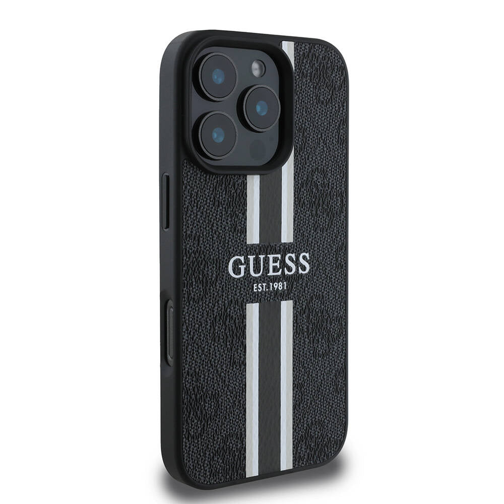 Funda MagSafe para Apple iPhone 16 Pro, Guess, 4G Printed Stripes, Negra