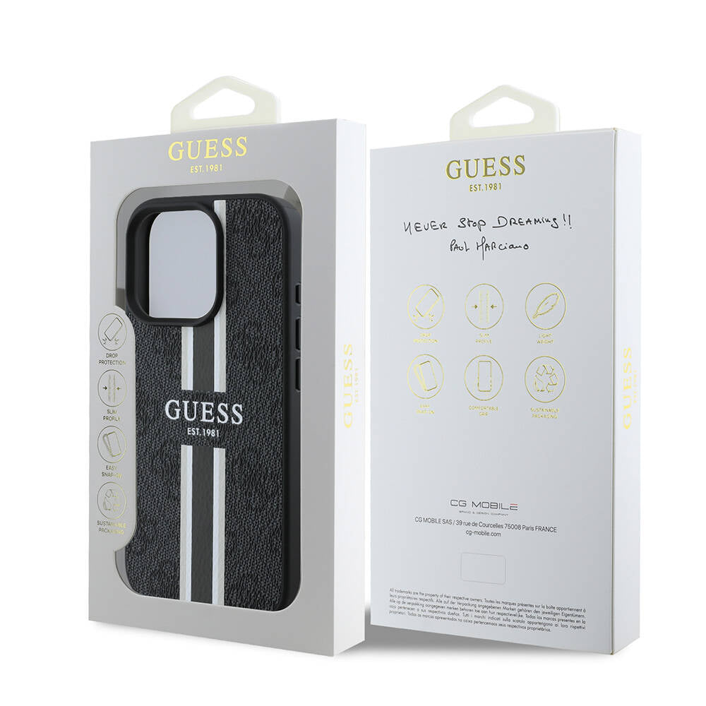 Funda MagSafe para Apple iPhone 16 Pro, Guess, 4G Printed Stripes, Negra