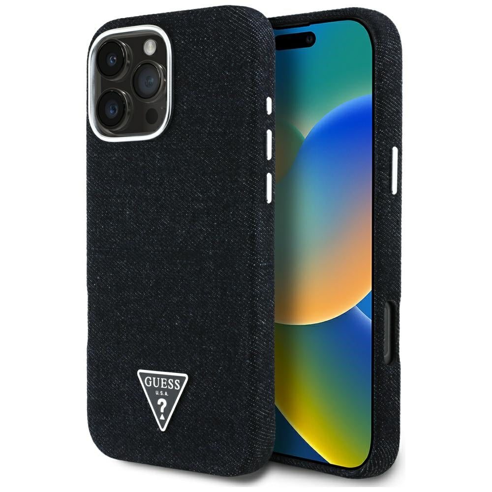 Funda MagSafe para Apple iPhone 16 Pro, Guess, Denim Triangle Logo, Negra