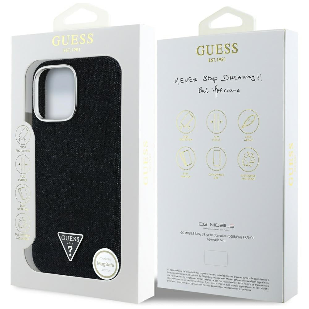Funda MagSafe para Apple iPhone 16 Pro, Guess, Denim Triangle Logo, Negra