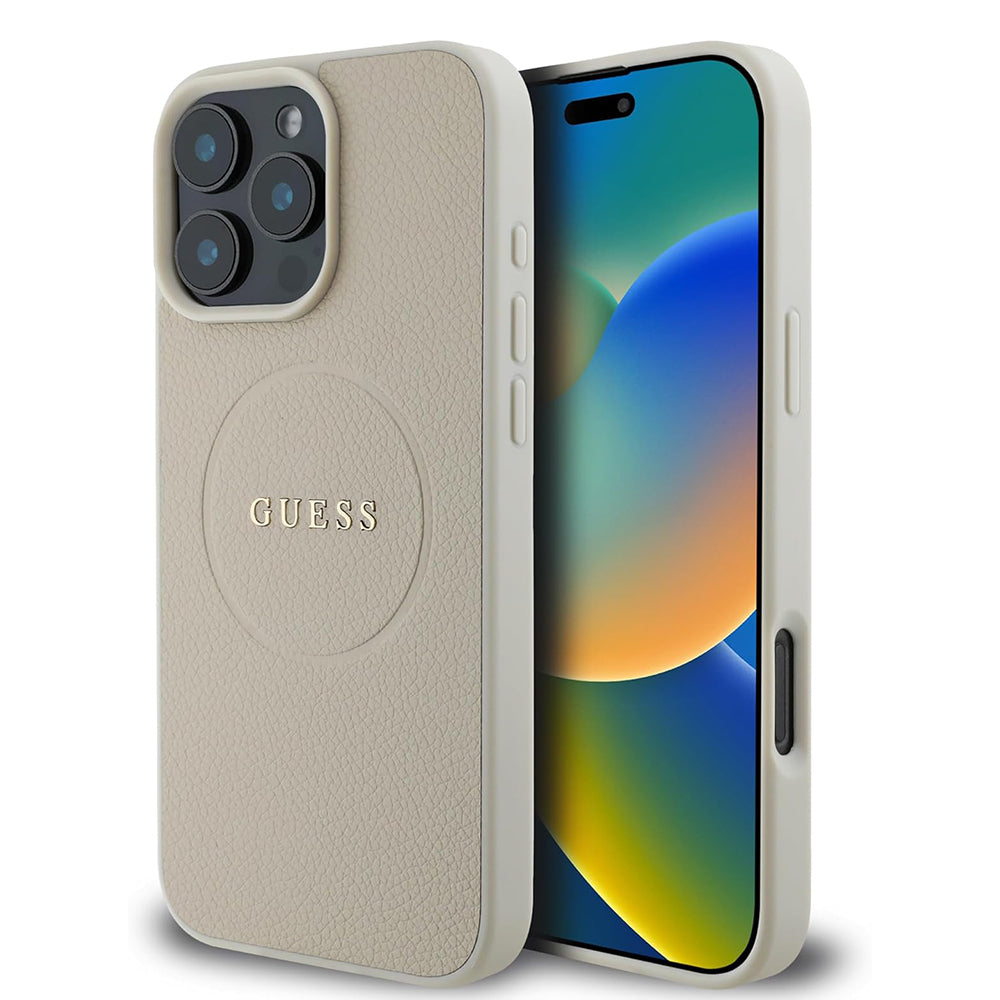 Funda MagSafe para Apple iPhone 16 Pro, Guess, Grained Gold Ring, Beige
