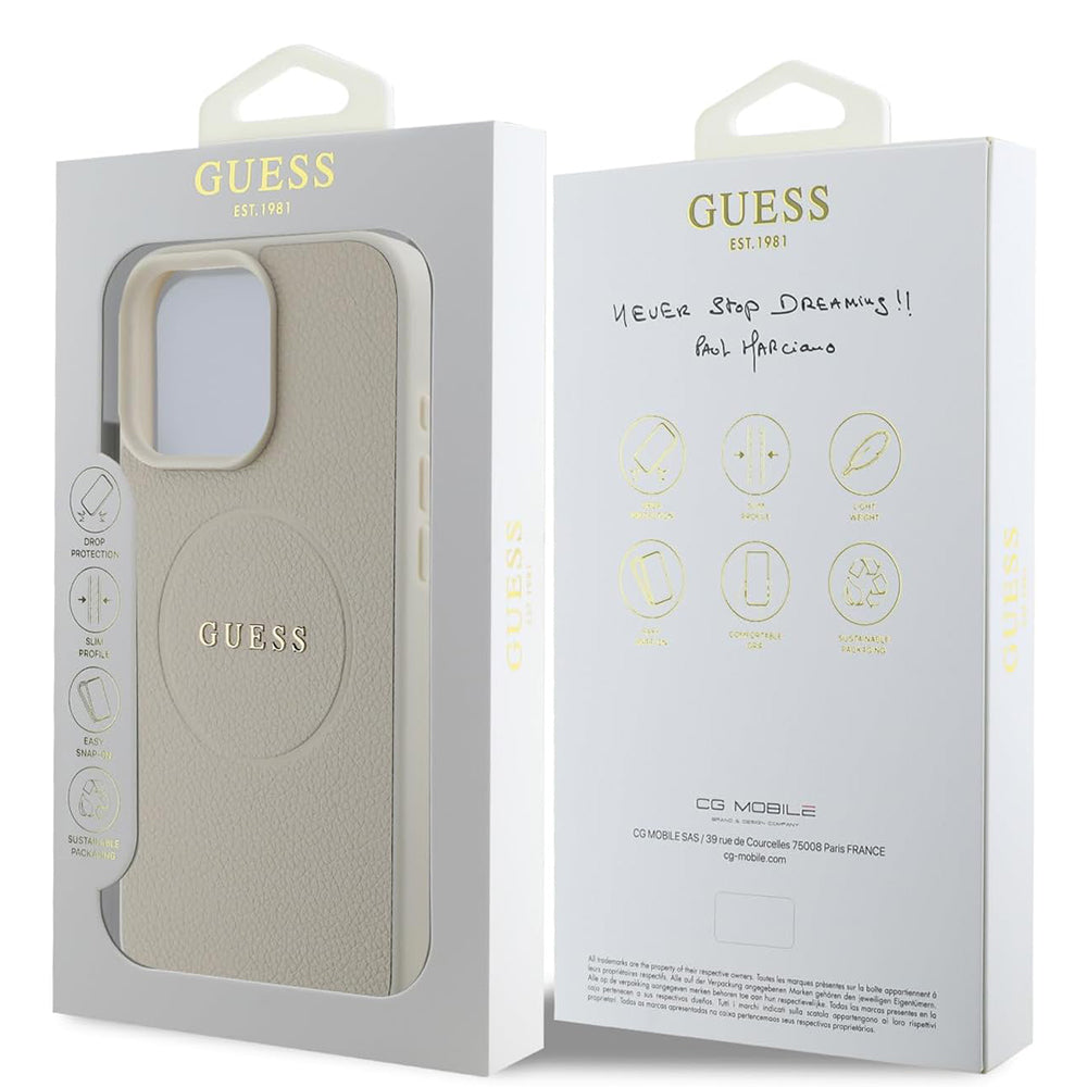Funda MagSafe para Apple iPhone 16 Pro, Guess, Grained Gold Ring, Beige