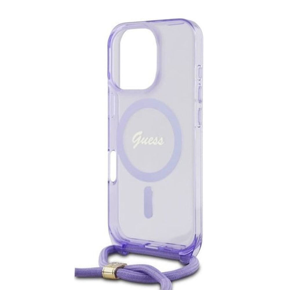 Funda MagSafe para Apple iPhone 16 Pro, Guess, IML Crossbody Cord Script, Morado