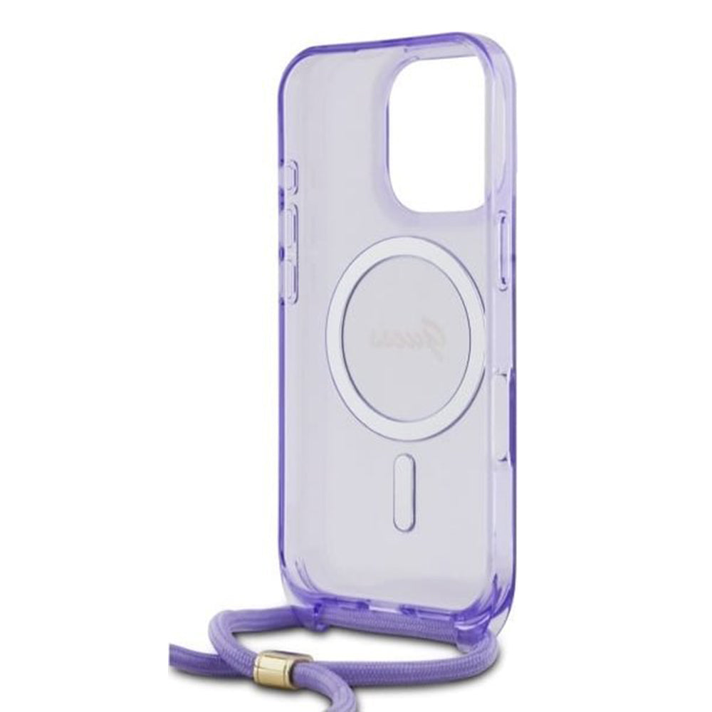 Funda MagSafe para Apple iPhone 16 Pro, Guess, IML Crossbody Cord Script, Morado
