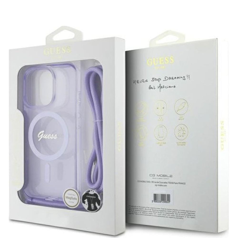 Funda MagSafe para Apple iPhone 16 Pro, Guess, IML Crossbody Cord Script, Morado