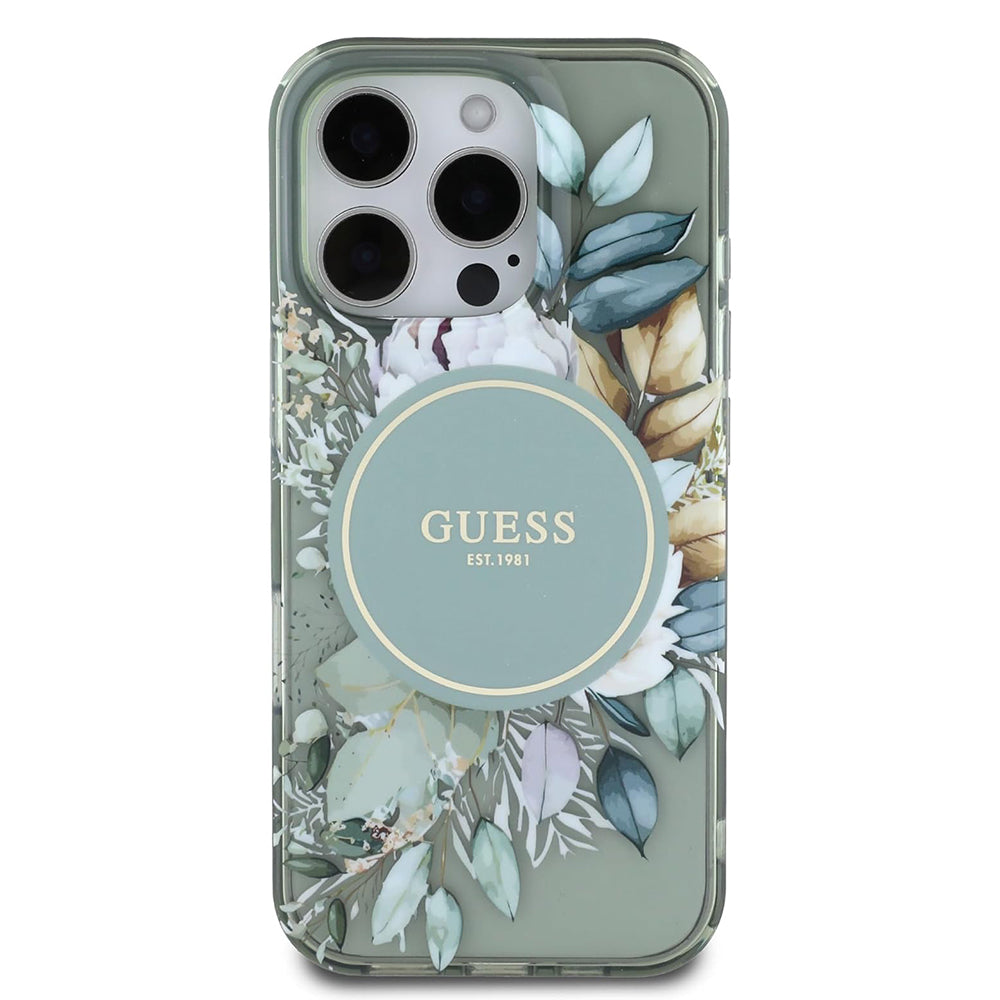 Funda MagSafe para Apple iPhone 16 Pro, Guess, IML Flower & Tonal Circle, Verde