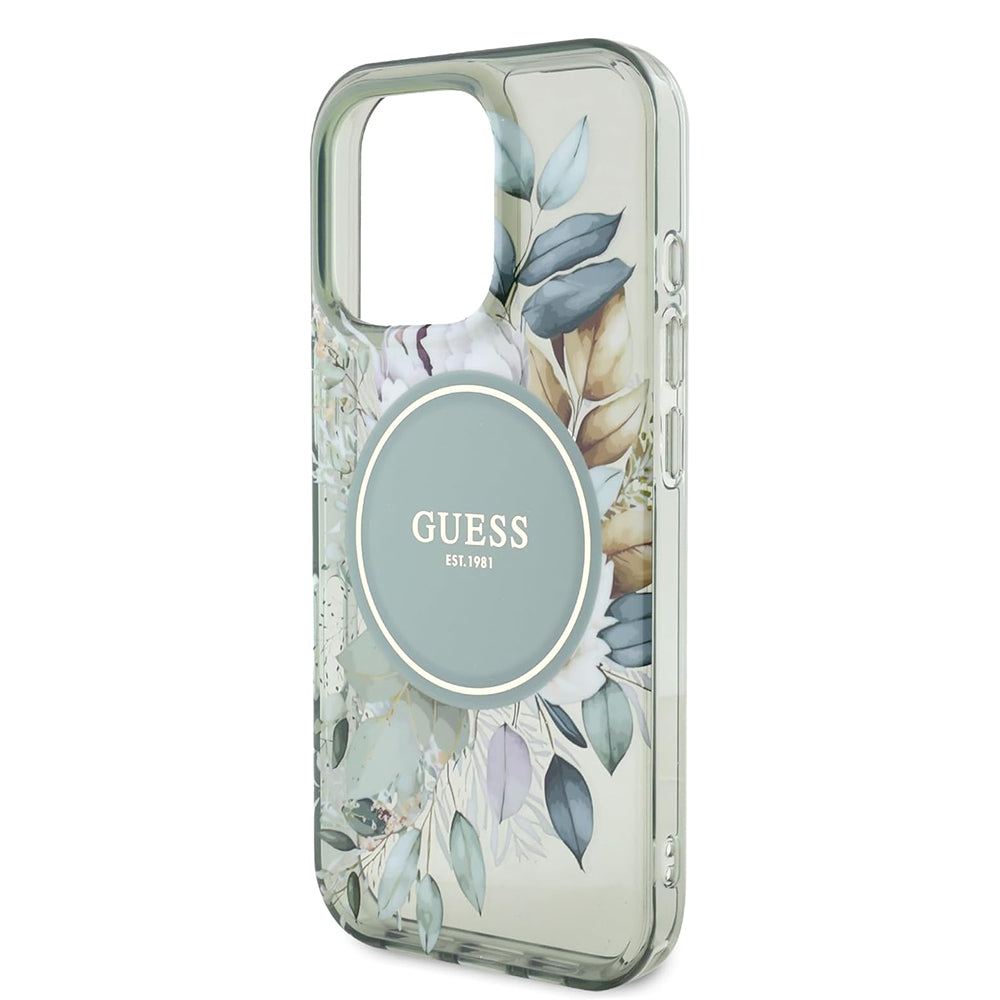 Funda MagSafe para Apple iPhone 16 Pro, Guess, IML Flower & Tonal Circle, Verde