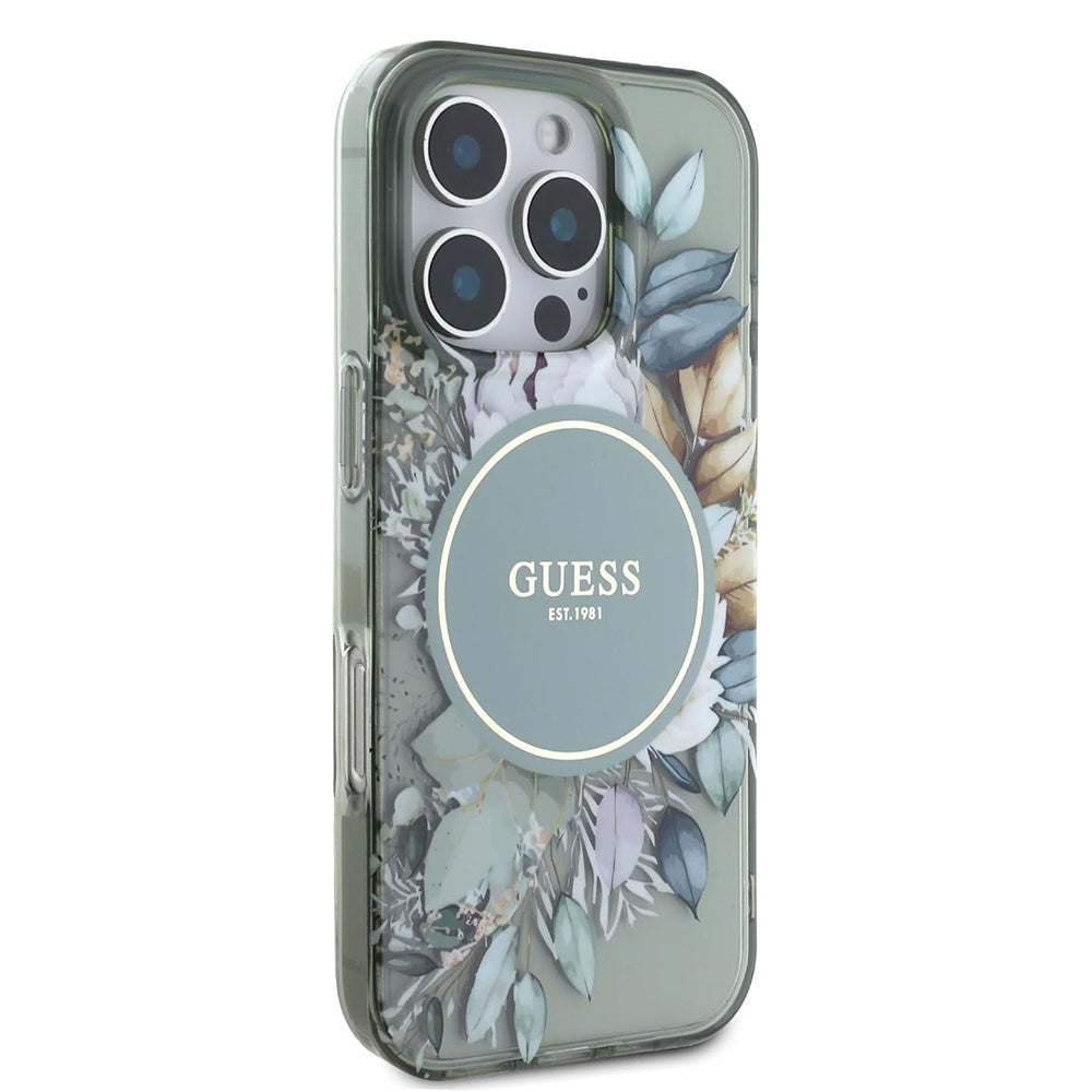 Funda MagSafe para Apple iPhone 16 Pro, Guess, IML Flower & Tonal Circle, Verde