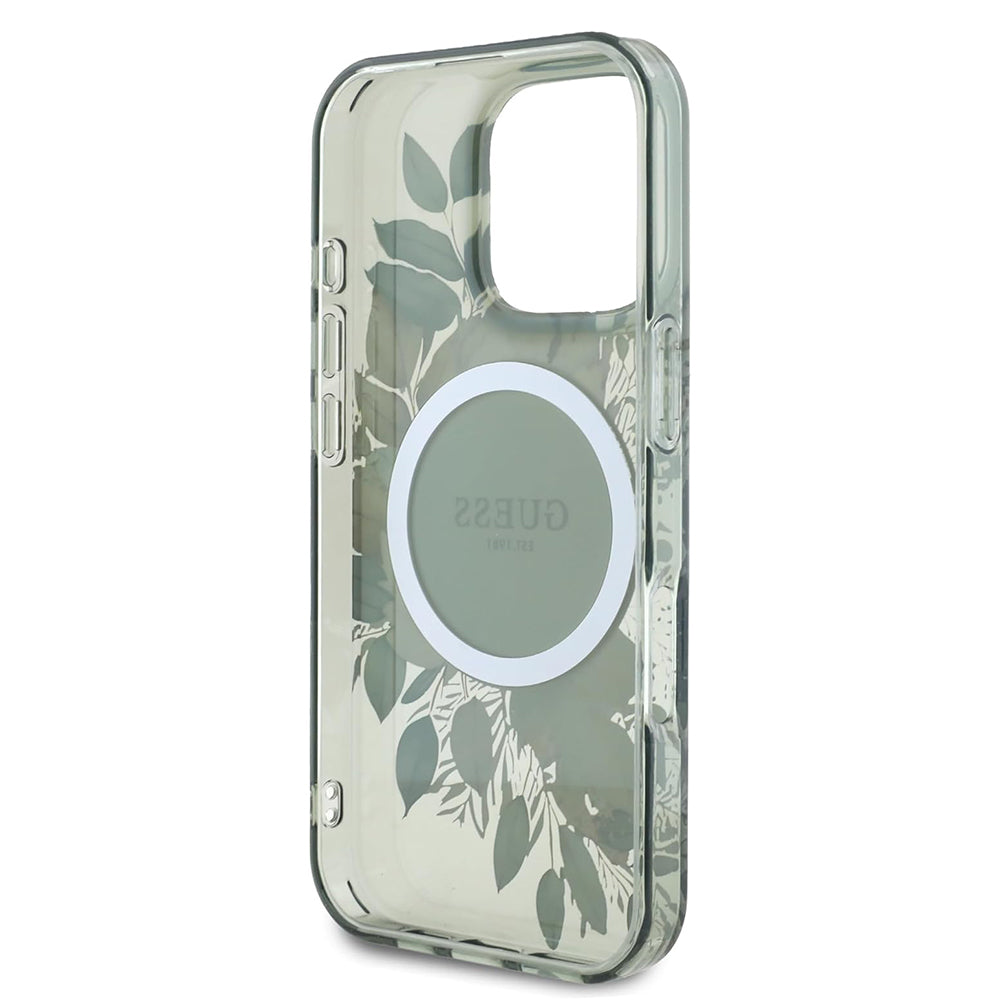 Funda MagSafe para Apple iPhone 16 Pro, Guess, IML Flower & Tonal Circle, Verde