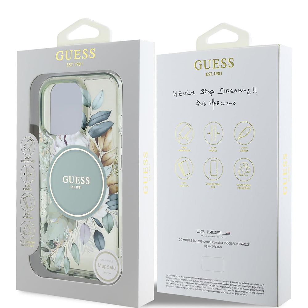 Funda MagSafe para Apple iPhone 16 Pro, Guess, IML Flower & Tonal Circle, Verde