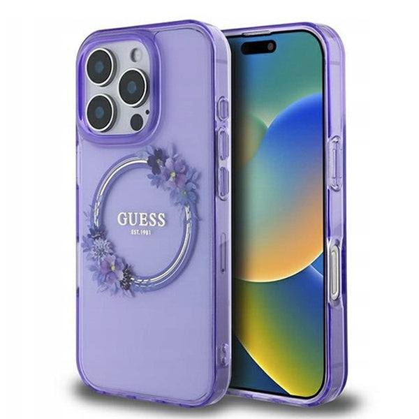Funda MagSafe para Apple iPhone 16 Pro, Guess, IML Flowers Wreath, Morado