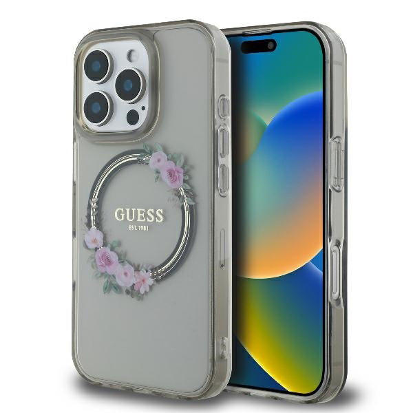 Funda MagSafe para Apple iPhone 16 Pro, Guess, IML Flowers Wreath, Negra