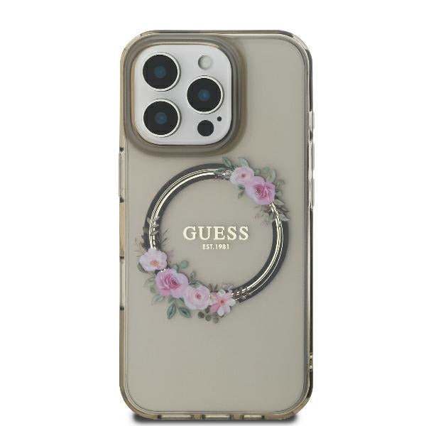 Funda MagSafe para Apple iPhone 16 Pro, Guess, IML Flowers Wreath, Negra