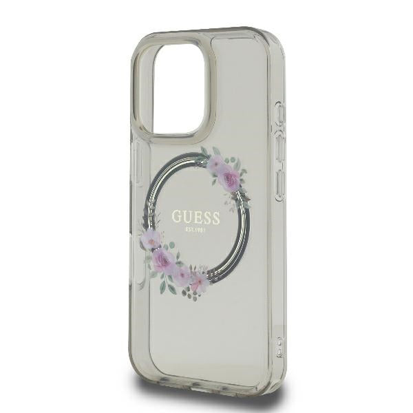 Funda MagSafe para Apple iPhone 16 Pro, Guess, IML Flowers Wreath, Negra
