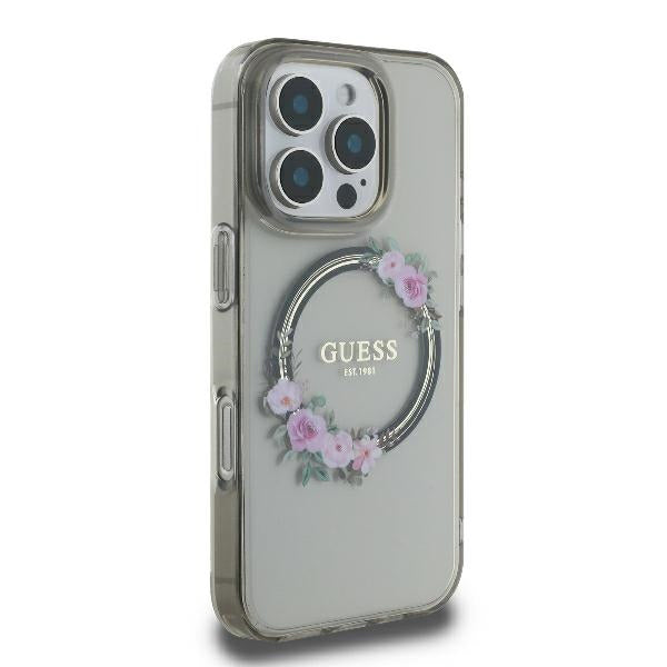 Funda MagSafe para Apple iPhone 16 Pro, Guess, IML Flowers Wreath, Negra