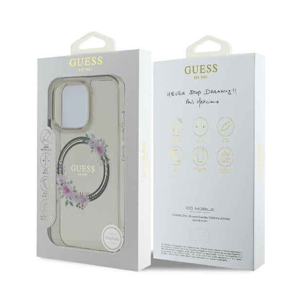 Funda MagSafe para Apple iPhone 16 Pro, Guess, IML Flowers Wreath, Negra
