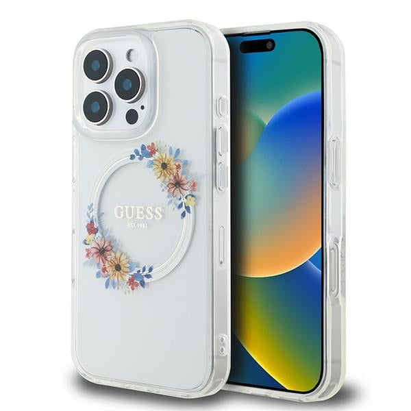 Funda MagSafe para Apple iPhone 16 Pro, Guess, IML Flowers Wreath, Transparente