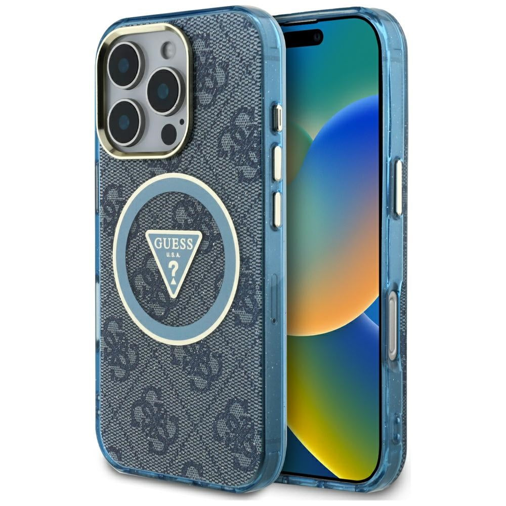 Funda MagSafe para Apple iPhone 16 Pro, Guess, IML Glitter 4G Circle Triangle, Azul