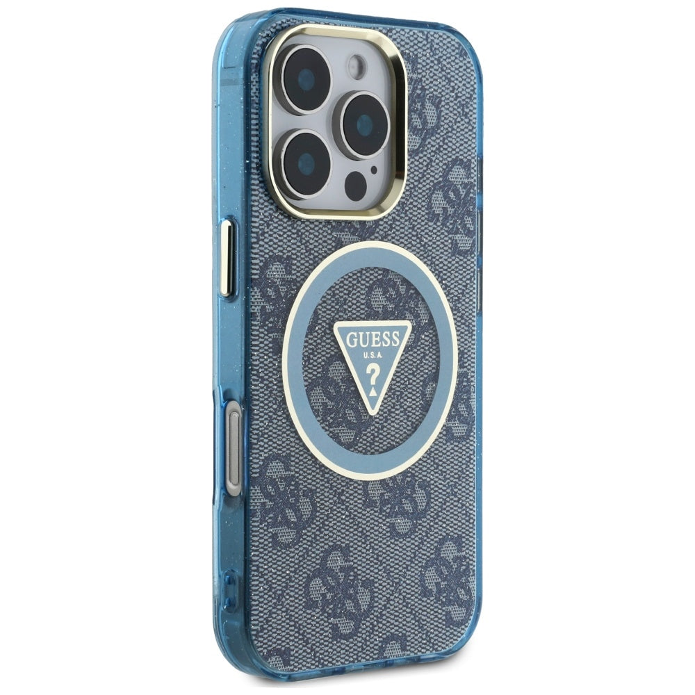 Funda MagSafe para Apple iPhone 16 Pro, Guess, IML Glitter 4G Circle Triangle, Azul