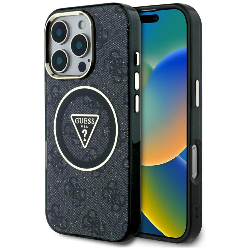 Funda MagSafe para Apple iPhone 16 Pro, Guess, IML Glitter 4G Circle Triangle, Negra
