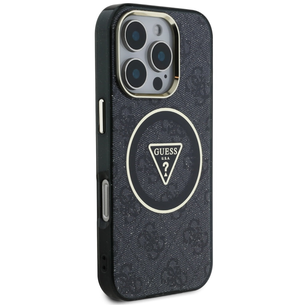Funda MagSafe para Apple iPhone 16 Pro, Guess, IML Glitter 4G Circle Triangle, Negra
