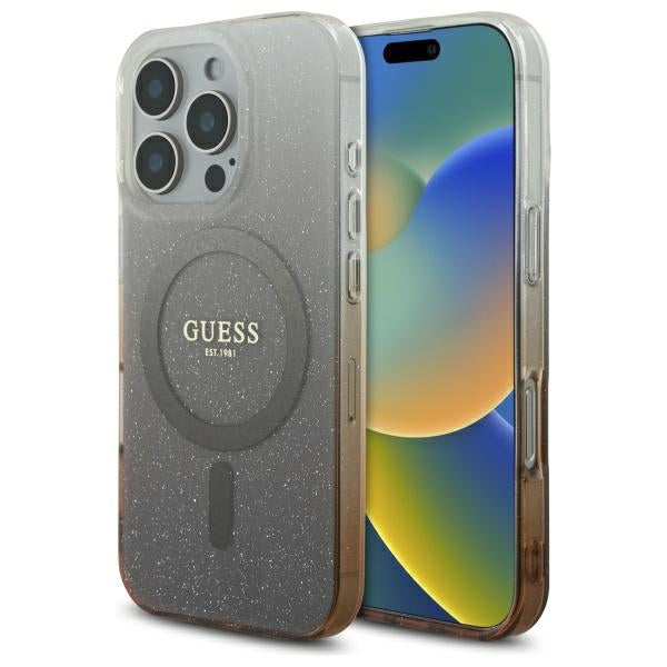 Funda MagSafe para Apple iPhone 16 Pro, Guess, IML Glitter Gradient, Marrón