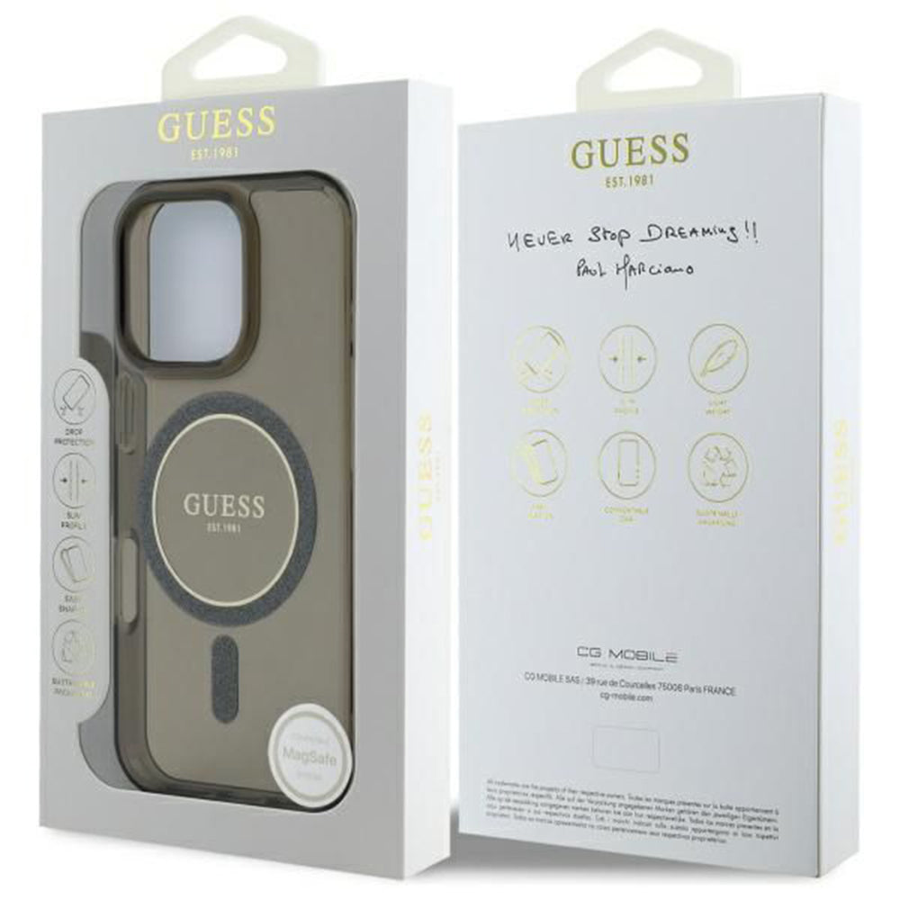 Funda MagSafe para Apple iPhone 16 Pro, Guess, IML Glitter Ring, Negra