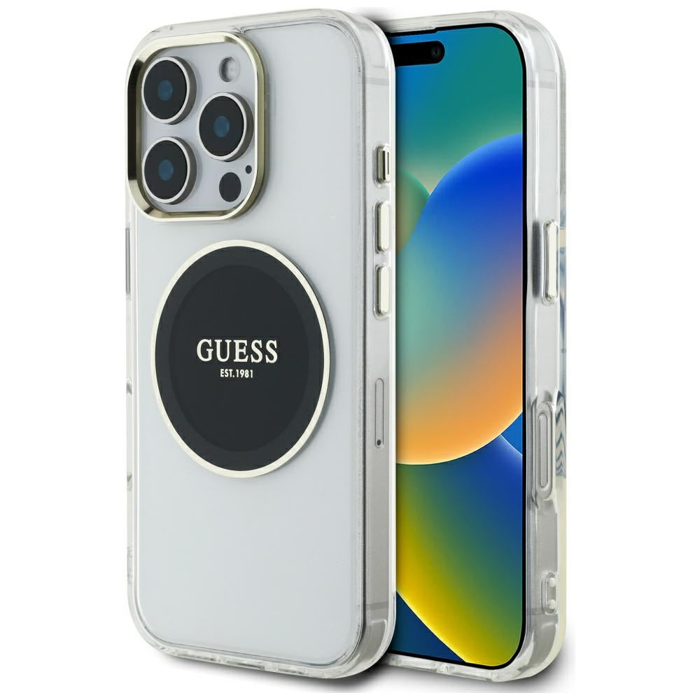 Funda MagSafe para Apple iPhone 16 Pro, Guess, IML Metal Colored Circle, Negra