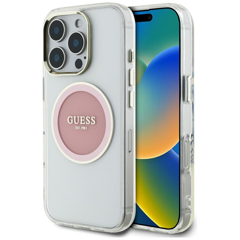 Funda MagSafe para Apple iPhone 16 Pro, Guess, IML Metal Colored Circle, Rosa