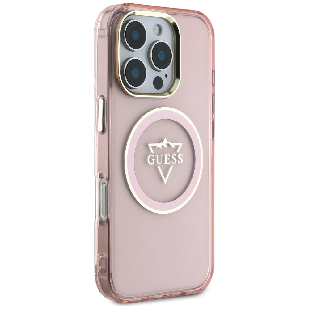 Funda MagSafe para Apple iPhone 16 Pro, Guess, IML Metal Mountain Logo, Rosa