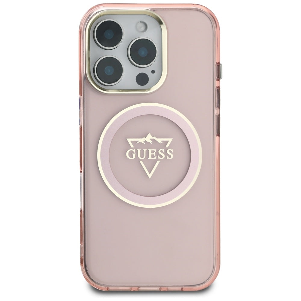 Funda MagSafe para Apple iPhone 16 Pro, Guess, IML Metal Mountain Logo, Rosa