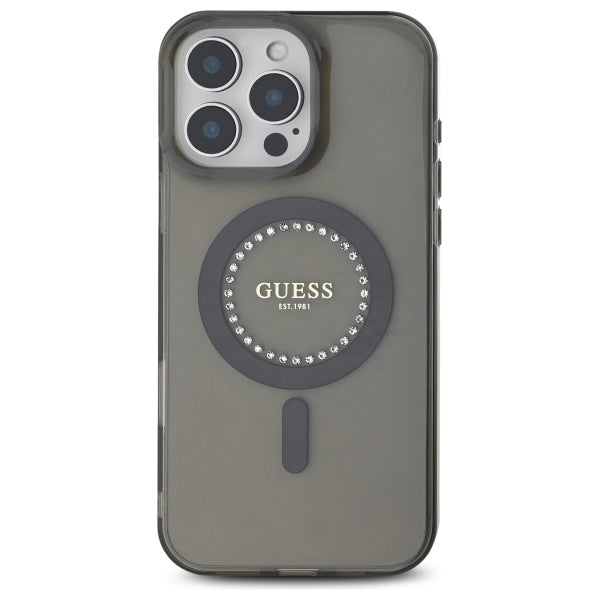 Funda MagSafe para Apple iPhone 16 Pro, Guess, IML Rhinestone, Negra