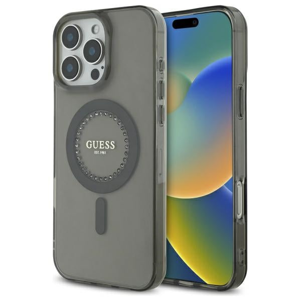 Funda MagSafe para Apple iPhone 16 Pro, Guess, IML Rhinestone, Negra