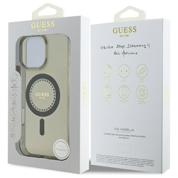 Funda MagSafe para Apple iPhone 16 Pro, Guess, IML Rhinestone, Negra
