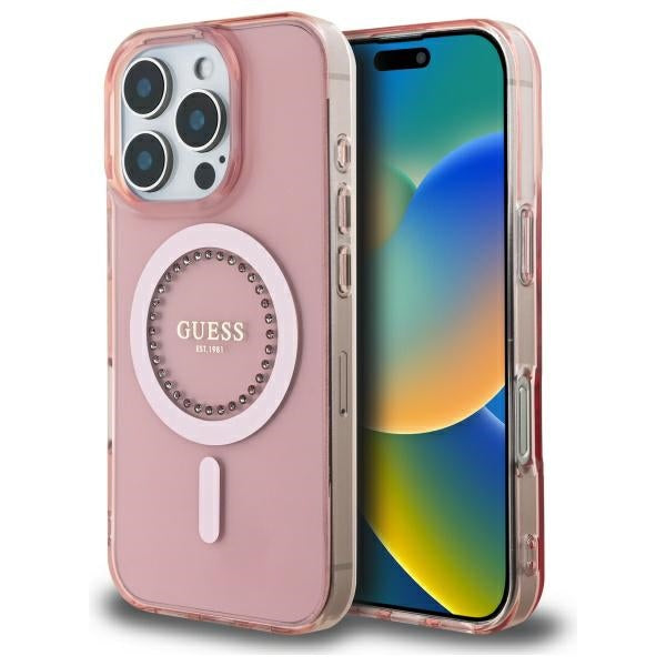 Funda MagSafe para Apple iPhone 16 Pro, Guess, IML Rhinestone, Rosa