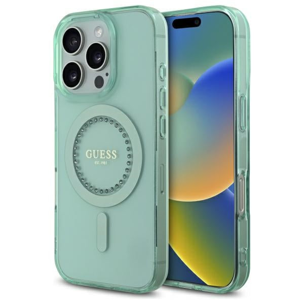 Funda MagSafe para Apple iPhone 16 Pro, Guess, IML Rhinestone, Verde